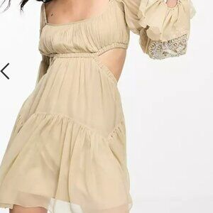 Embellished square neck elasticated mini dress with contrast embroidery in stone